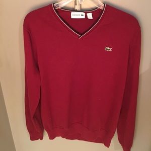 LACOSTE RED V-NECK SWEATER. Size Large.